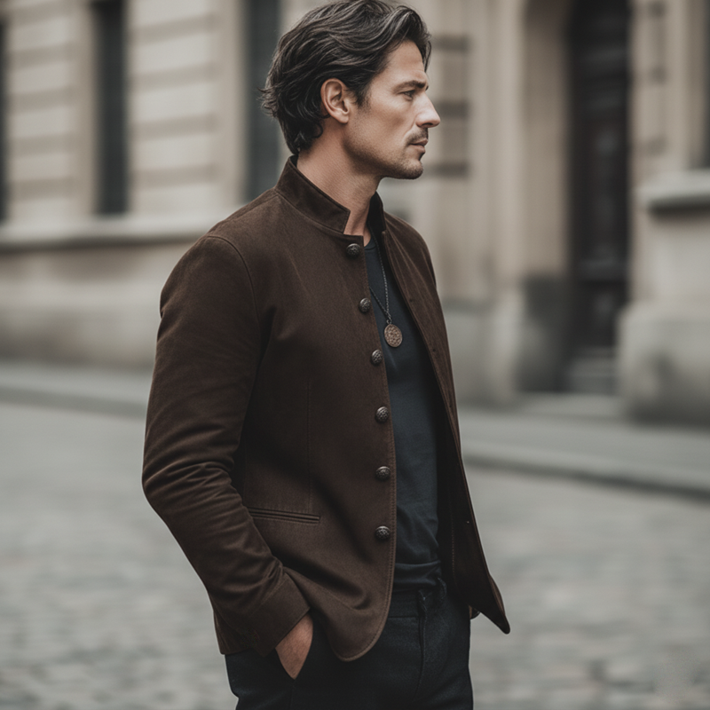 Men's Classic Chocolate Brown Stand-collar Suede Jacket MTA0103L1U