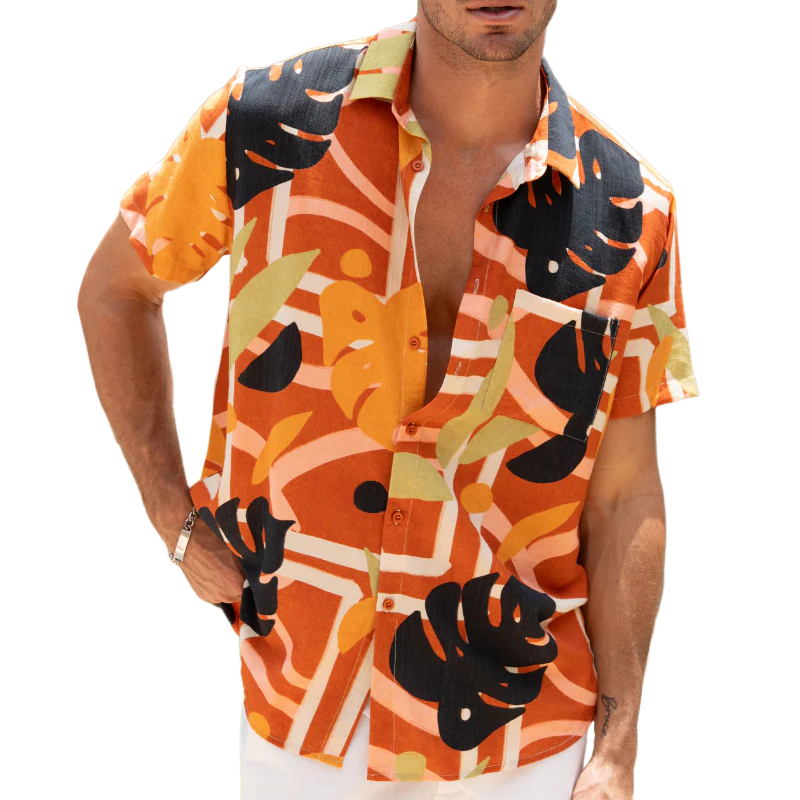 Men's Spring And Summer Fashion Casual Tencel Cotton Blended Printed Short Sleeve Shirt MTA0778G1K