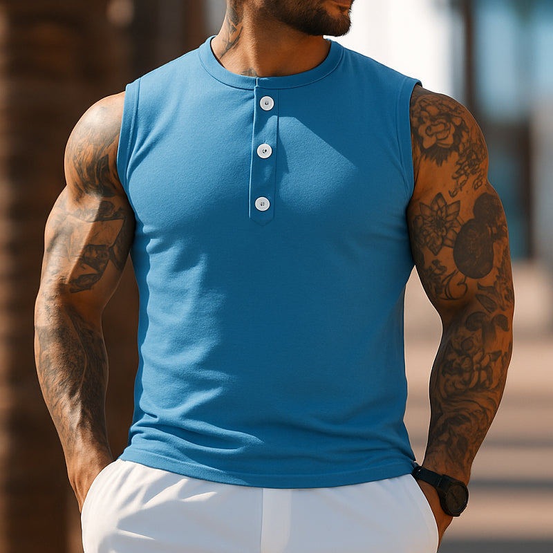 Men's Casual Breathable Cotton Henley Collar Slim Fit Sports Tank Top MTA2620E6M
