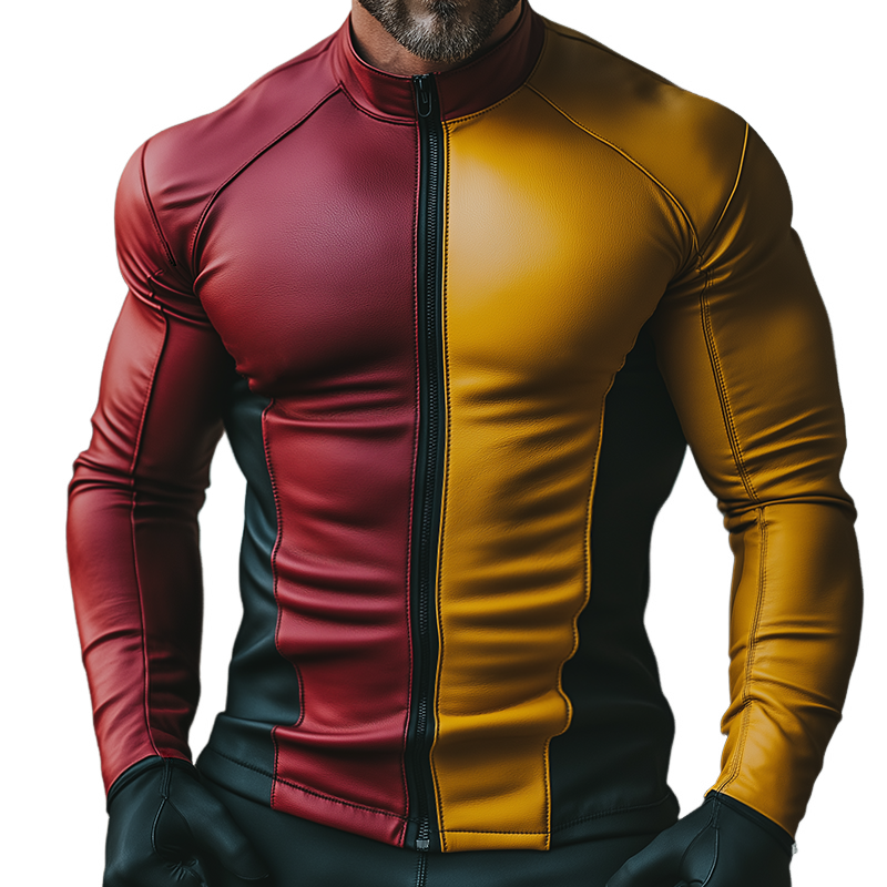 Men's Retro Casual Color Block PU Zipper Slim Fit Stand Collar Jacket MTA1871K9TO