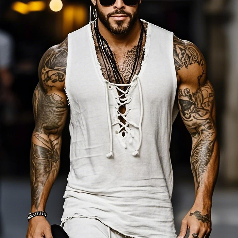 Men'S Fashion Cotton And Linen Lace-Up V Neck Sleeveless Tank Top Elastic Waist Shorts Set MTA0889E5Z