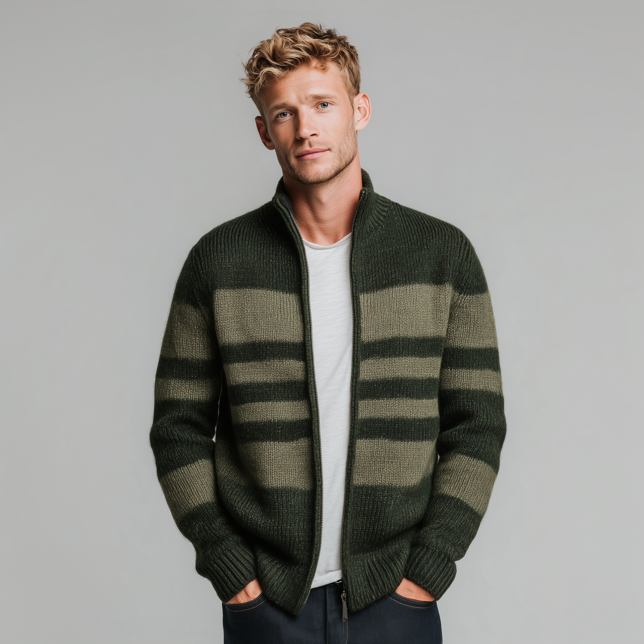Men's Classic Retro Striped Stand Collar Zipper Knitted Cardigan MTA2351I2K