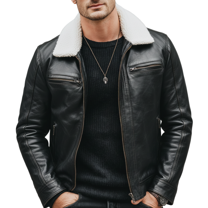 Men's Urban Fur Collar Zipper Black PU Leather Jacket MTA1870K2U