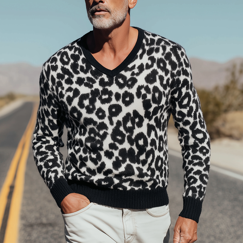 Men's Vintage Knitted Leopard Print V-Neck Sweater MTA1437H0P