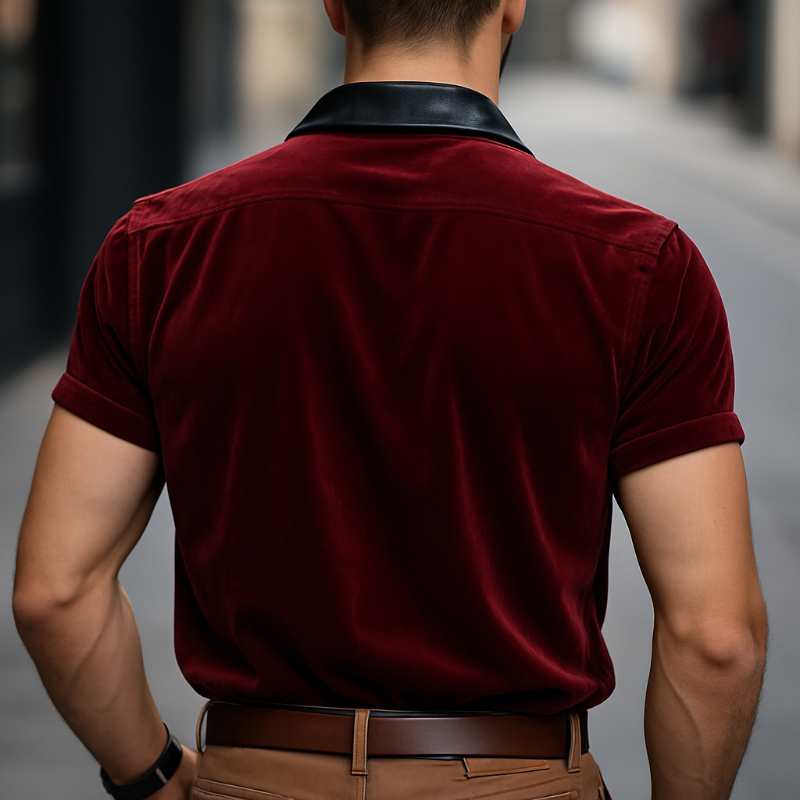 Men's Retro Casual Velvet Leather Lapel Short Sleeve Shirt MTA0768G0TO
