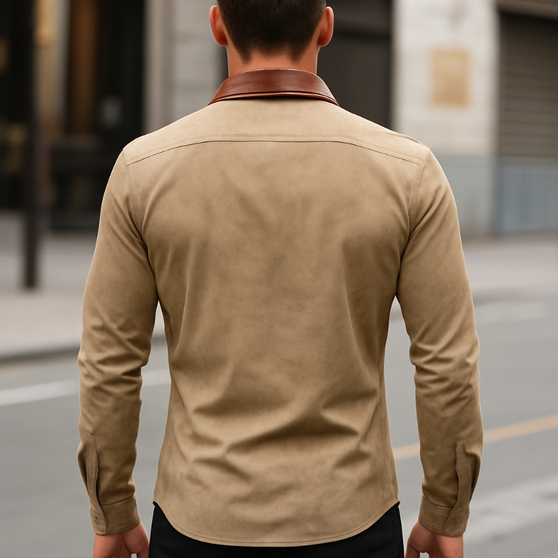 Men's Retro Casual Leather And Suede Lapel Long Sleeve Shirt MTA0874H2TO
