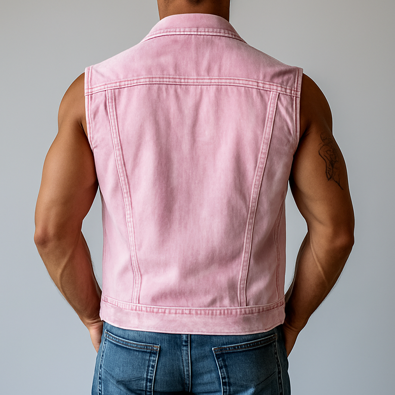 Herrevest med ermeløs krage og enkeltspent, vasket denim MTA1344F1Y