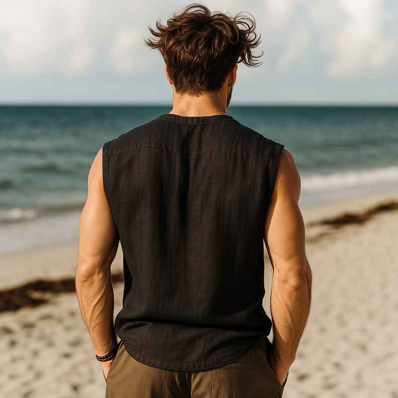 Men's Casual Breathable Cotton Linen Button Stand Collar Patch Pocket Loose Sleeveless Shirt MTA2659F5M