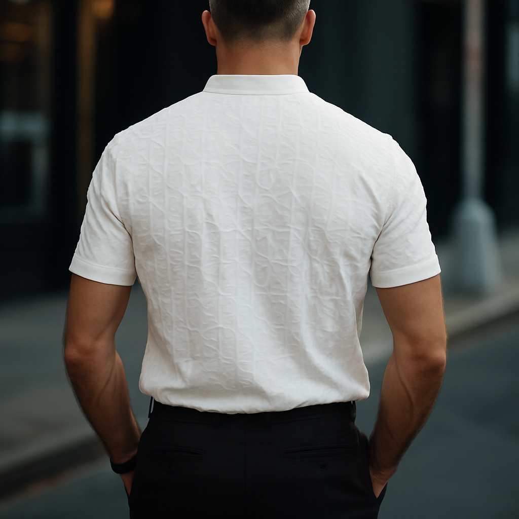 Men's Retro Casual Solid Color Bubble Crepe Stand Collar Short Sleeve Shirt MTA0805G7TO
