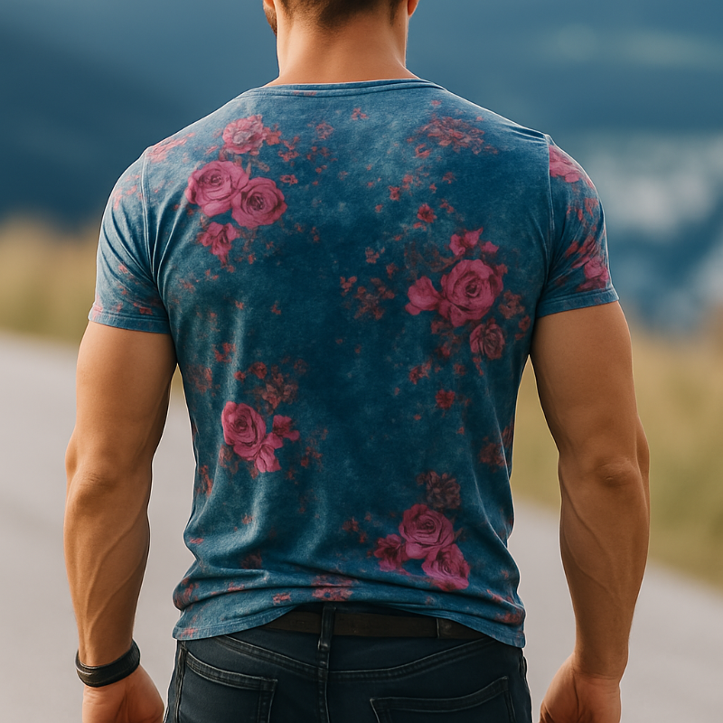 Men's Retro Casual Rose Print Velvet Round Neck Short Sleeve T-Shirt MTA1052G2TO