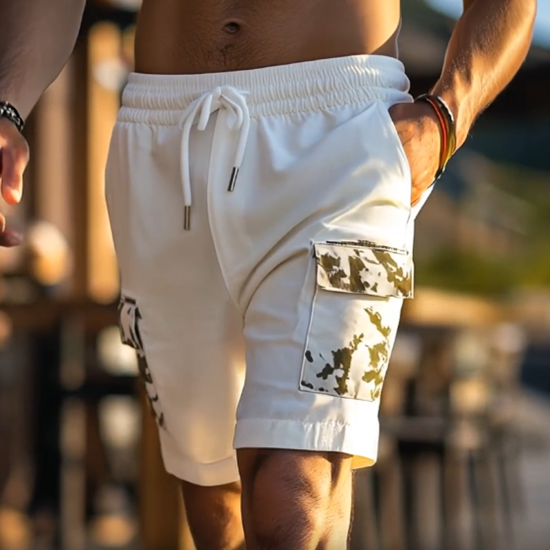 Men's Classic Casual Outdoor Resort Cotton Blended Pocket Stitching Camouflage Elastic Waist Cargo Shorts MTA0454F4K