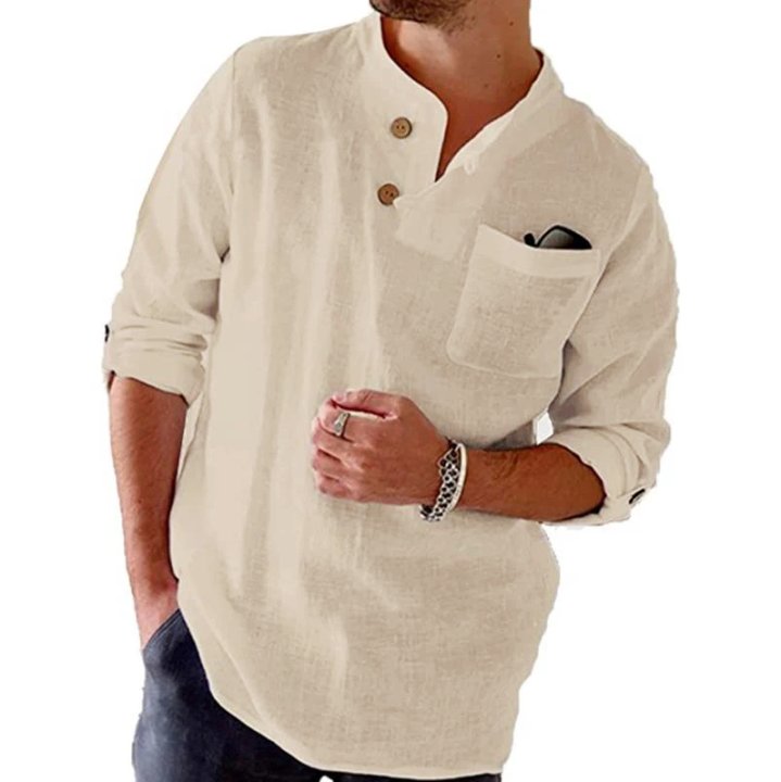 Camicia a maniche lunghe con risvolto, casual, ampia, tinta unita, in cotone e lino, da uomo 77171009X