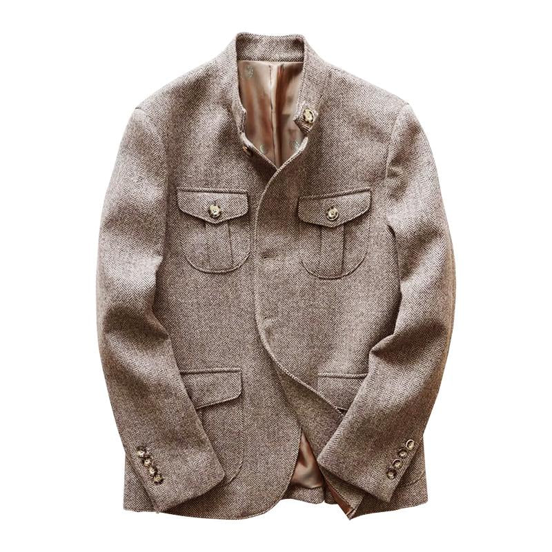 Chaqueta safari con múltiples bolsillos y cuello alto de tela de espiga vintage para hombre 74248093Y