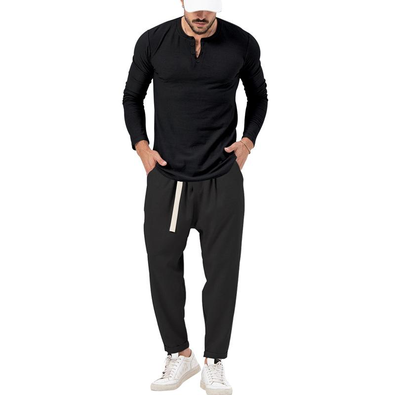 Herren-Henley-Set mit T-Shirt und Hose, einfarbig, langärmelig, 72706978X