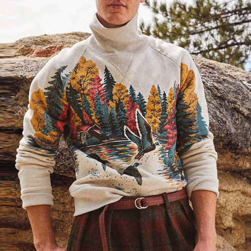 Maglione pullover lavorato a maglia a maniche lunghe con stampa a collo alto vintage da uomo 98581179M