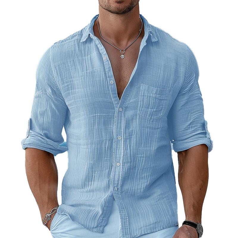 Camisa de manga larga con solapa de algodón y lino de color liso para hombre 00843185X