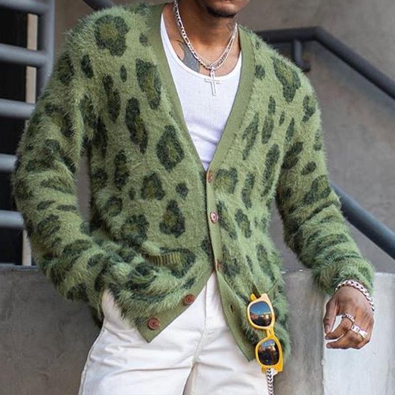 【Spedizione in 24 ore】Cardigan monopetto con scollo a V leopardato vintage da uomo 03568715Y