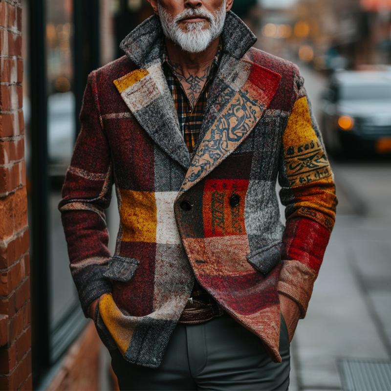 Retro uformelt tweed pledd jakke med trykt etnisk stil for menn 78526897TO
