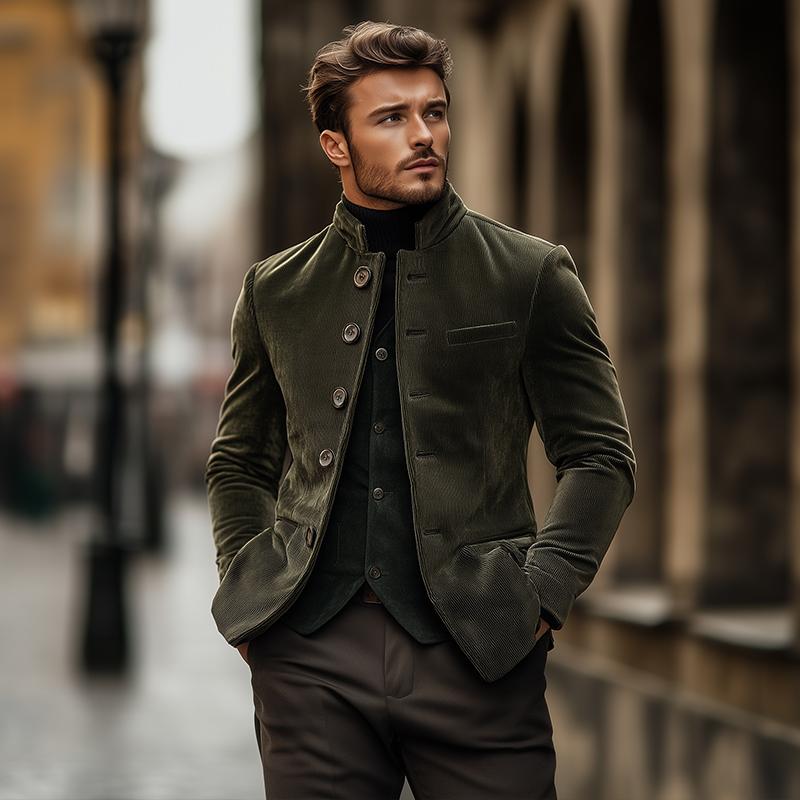 Men's Vintage Corduroy Stand Collar Single Breasted Slim Fit Blazer 57234086M