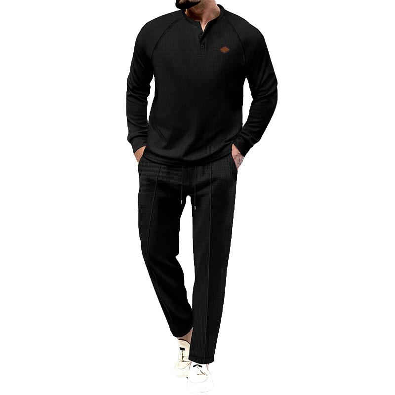 Pantaloni a maniche lunghe Henley a nido d'ape tinta unita da uomo 12318633Y