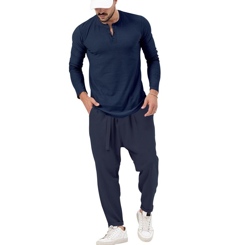 Herren-Henley-Set mit T-Shirt und Hose, einfarbig, langärmelig, 72706978X