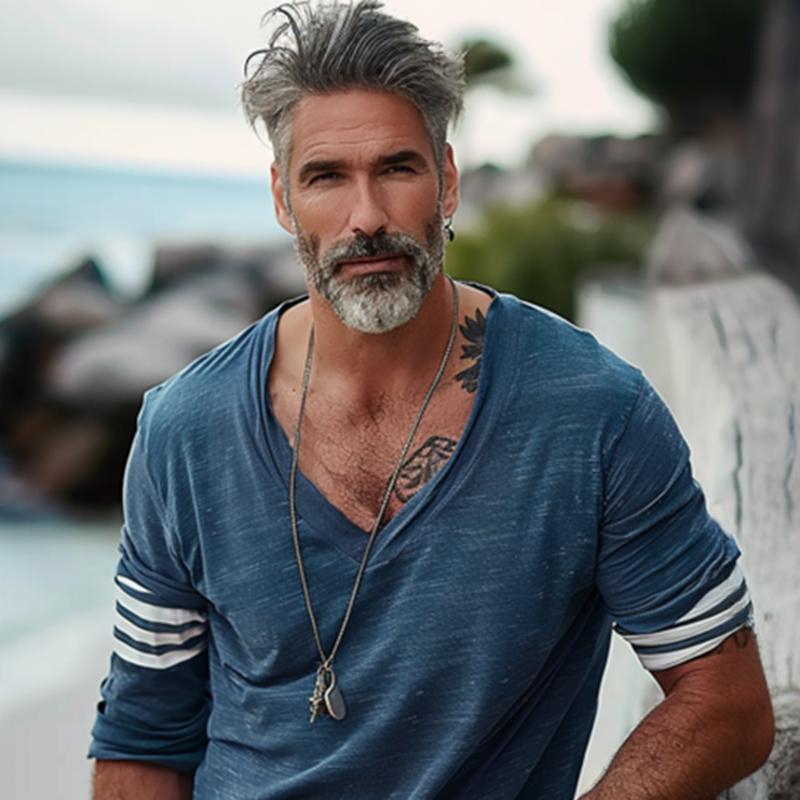 【Expédition 24h/24】T-shirt ample à manches longues et col en V pour homme 66090274Y