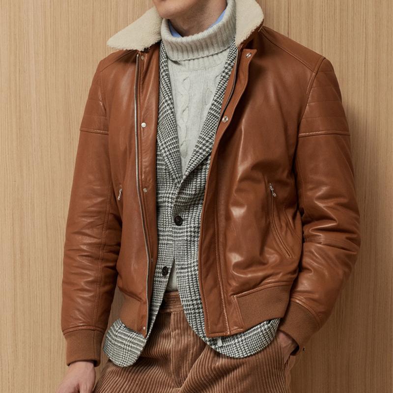 Giacca bomber in pelle patchwork con cerniera e collo in pelliccia vintage da uomo 42195328M