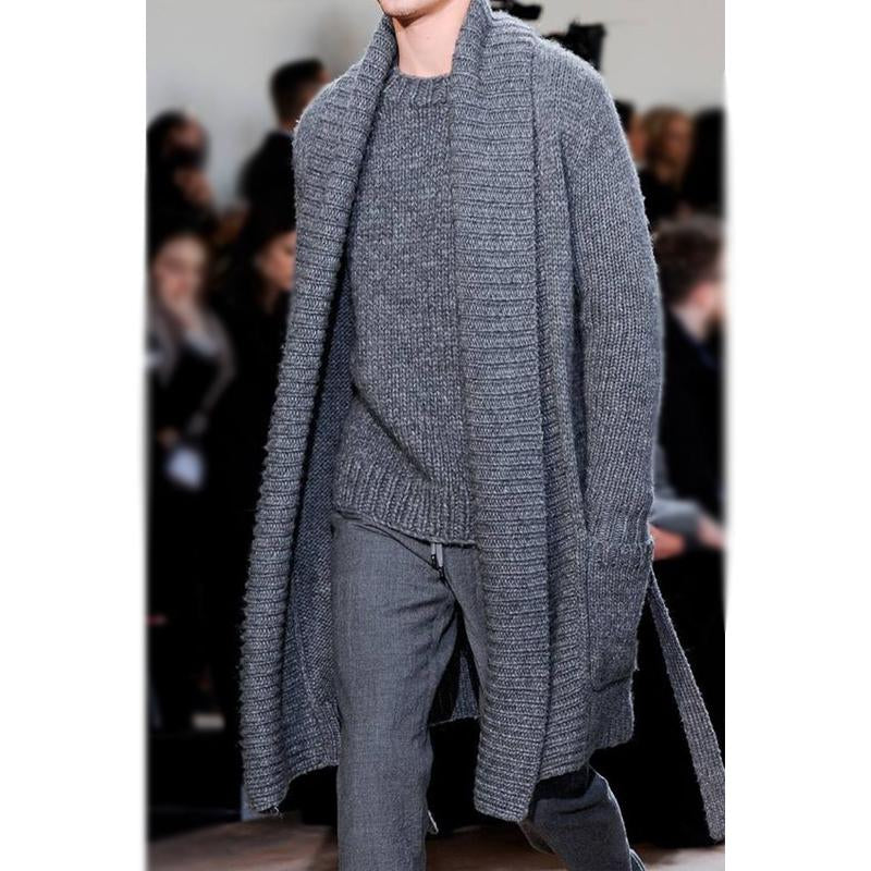 Men'S Vintage Solid Color Shawl Collar Long Knitted Cardigan 42100217Y