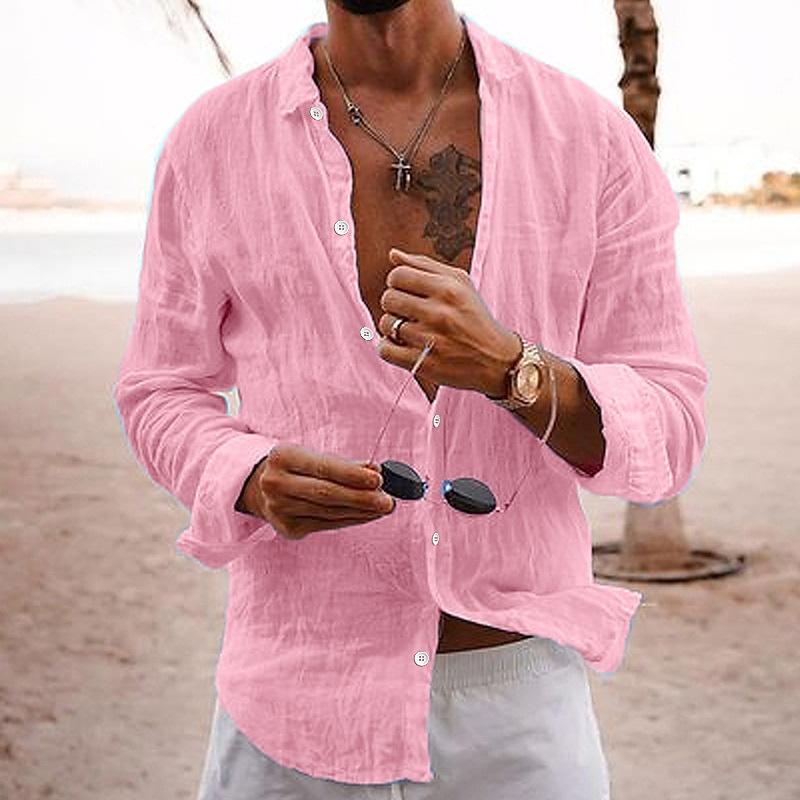 Camicia casual da uomo in cotone e lino a maniche lunghe, tinta unita, con risvolto 76098441M