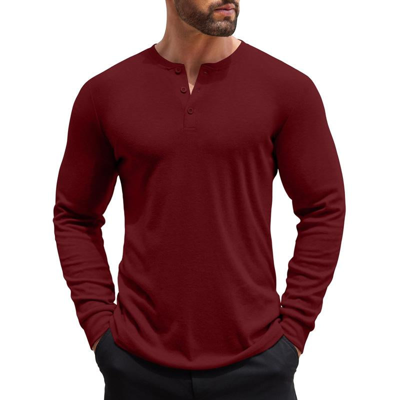 Herren Einfarbiges Henley-Kragen Casual Langarm-T-Shirt 08520324X