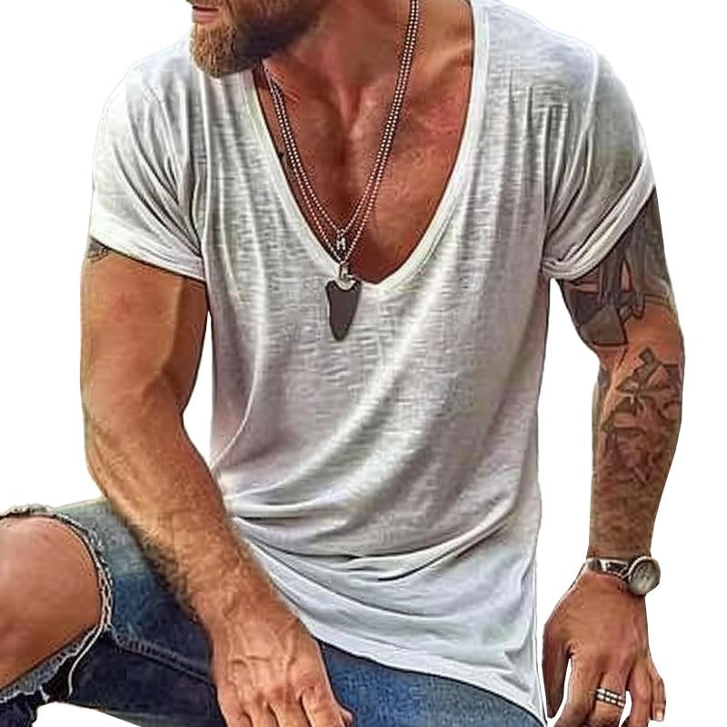 Men's Spring Casual V-Neck Solid Short Sleeve T-Shirt Top Blouse Men's Model, Black, S