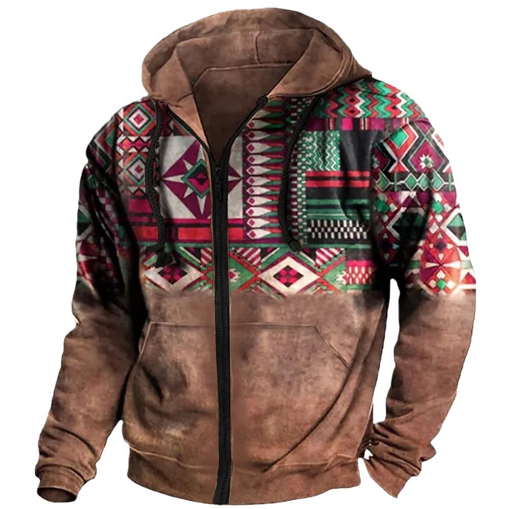 Felpa con cappuccio con cerniera e stampa geometrica in stile etnico casual retrò da uomo 60305028TO