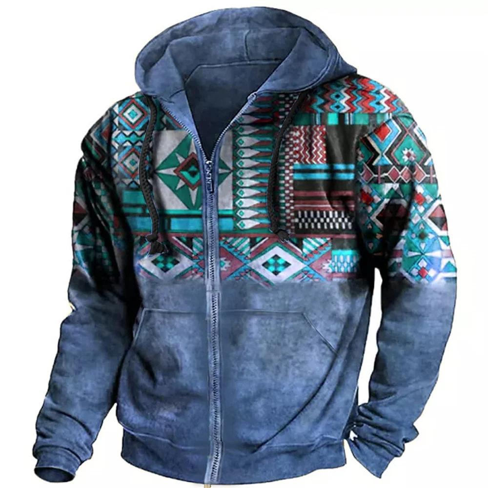 Felpa con cappuccio con cerniera e stampa geometrica in stile etnico casual retrò da uomo 60305028TO