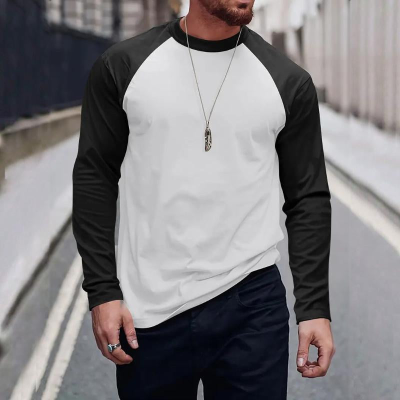Retro Casual Colorblock Langermet T-skjorte med rund hals for menn 94462898TO