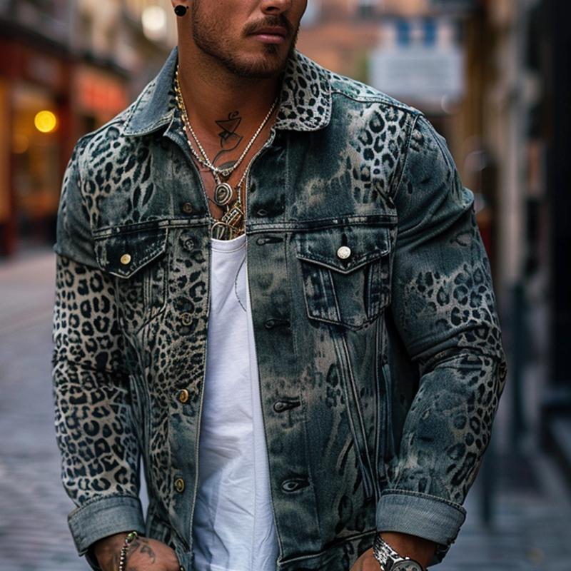 【Expédition 24 heures】Veste de camionneur en denim à imprimé léopard ombré pour homme 56830735Y