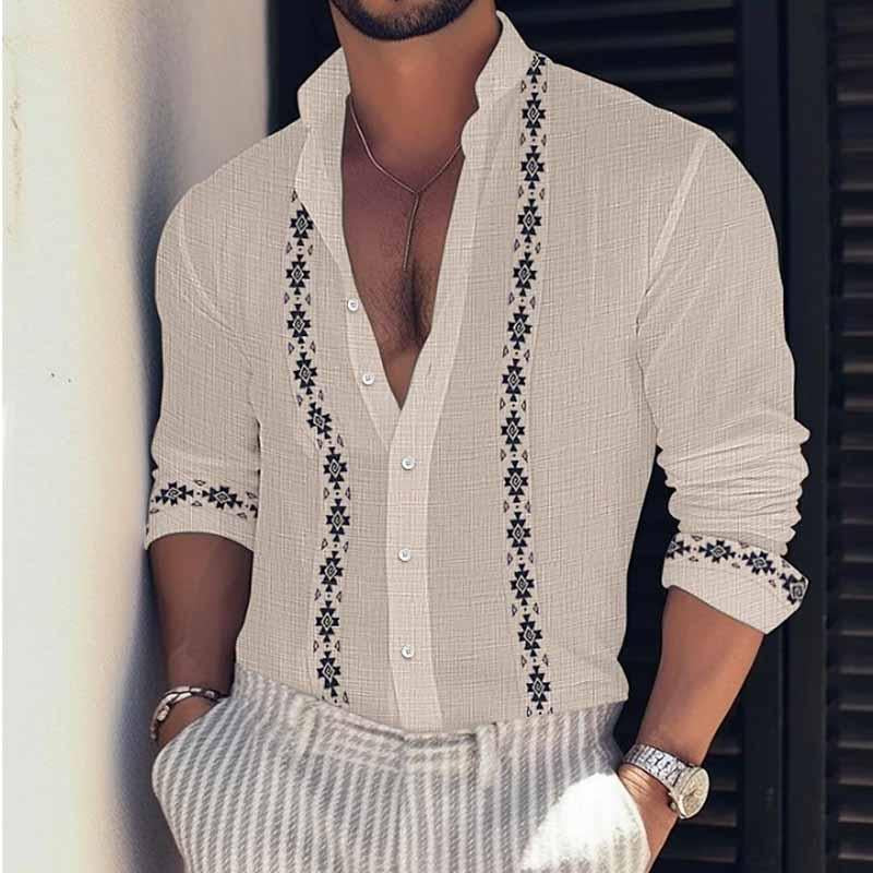 Herren Sommer Print Strand Urlaub Stehkragen Langarm Hemd 72122320X