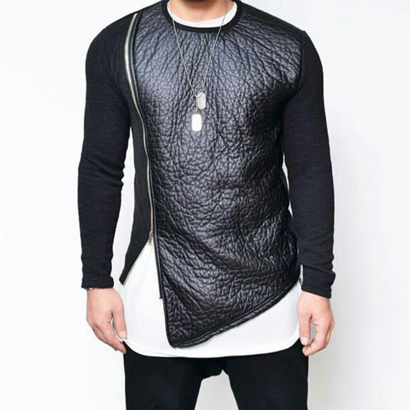 Men's Pu Leather Stitching Zip-up Round Neck Long-sleeved T-shirt(Internal T-shirt not included) 12785925U
