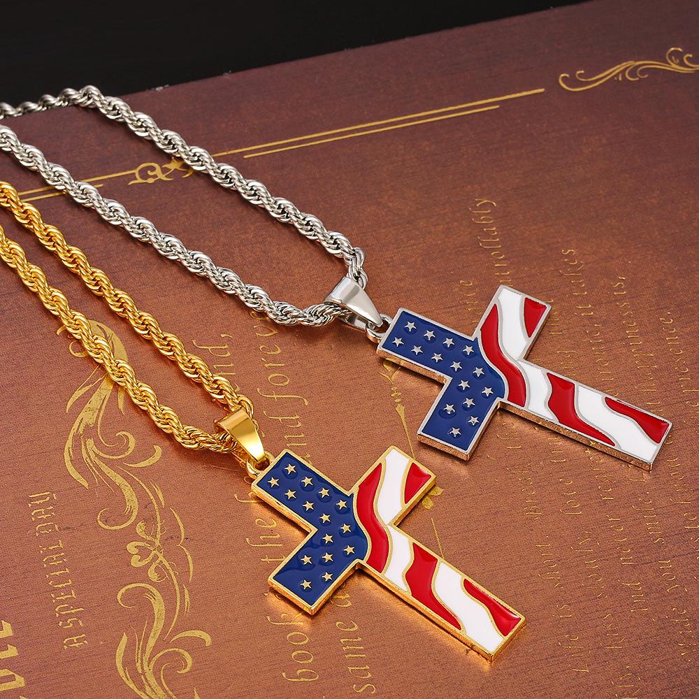 Collana vintage casual con bandiera americana e croce 65735606TO