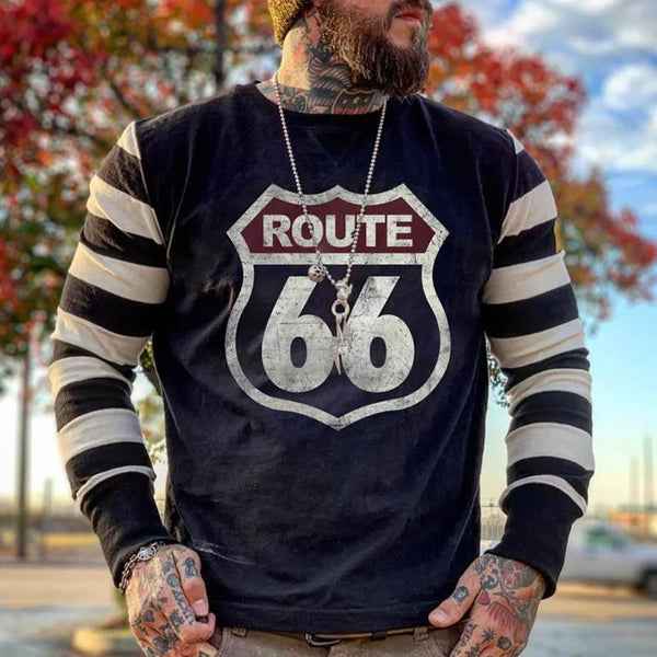 Men'S Motorcycle Retro Print Round Neck Long-Sleeved T-Shirt 80162665Y