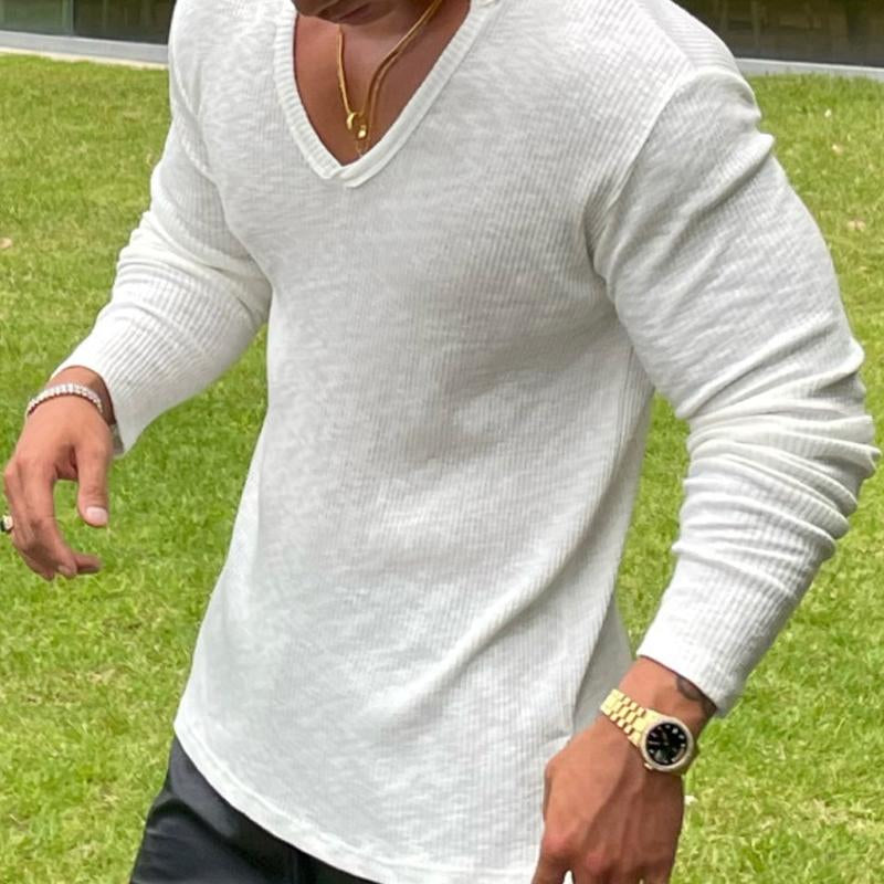 Men's V-neck Long-sleeved Striped Solid Color T-shirt 21770042X