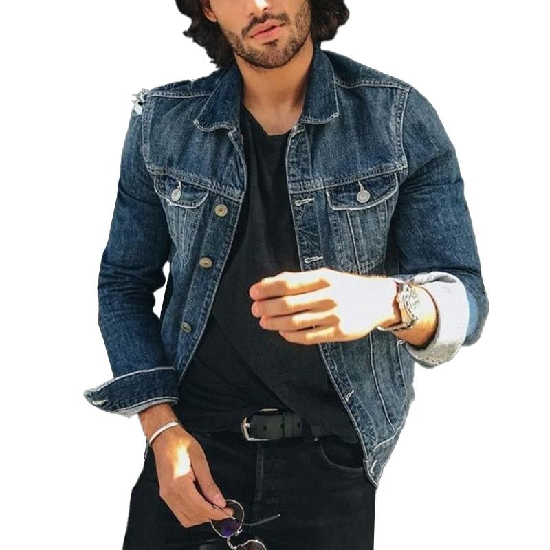 Men's Vintage Washed Ripped Lapel Multi-pocket Denim Jacket 64766621M