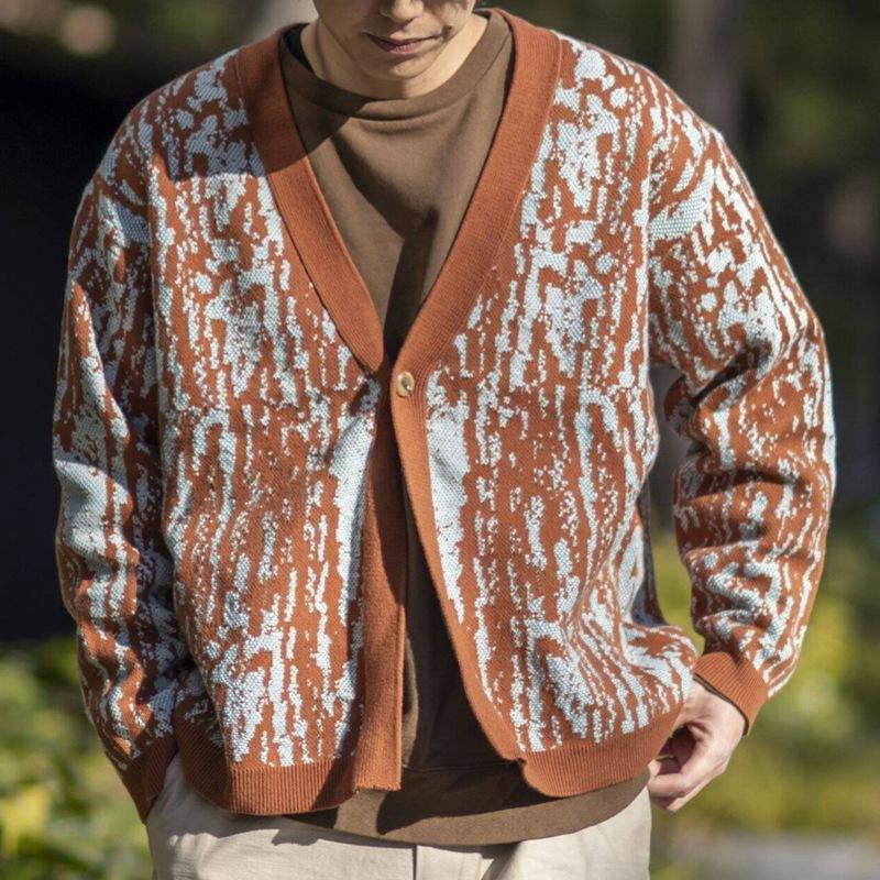 Men's Vintage V-Neck Thick Jacquard Knitted Cardigan 14694179M