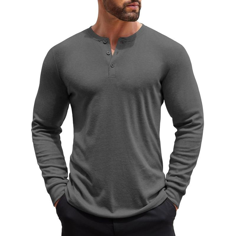 Herren Einfarbiges Henley-Kragen Casual Langarm-T-Shirt 08520324X