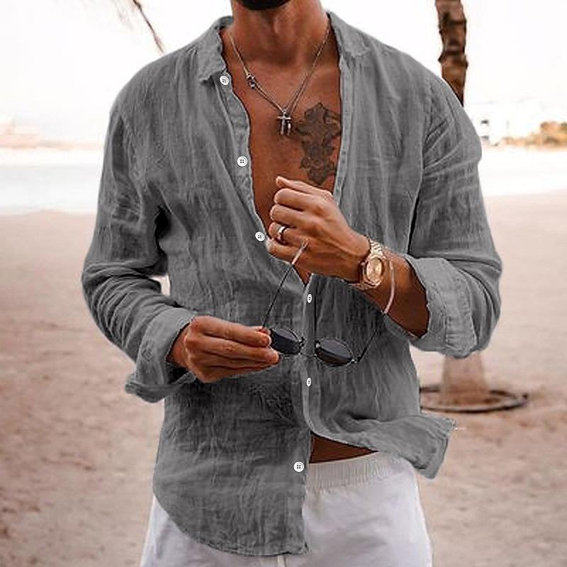 Camicia casual da uomo in cotone e lino a maniche lunghe, tinta unita, con risvolto 76098441M