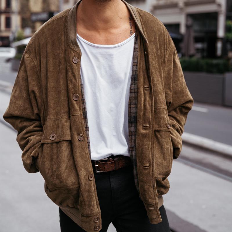 Men's Vintage Solid Color Single-breasted Baseball Collar Jacket 12606248X