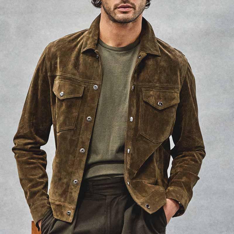 Men's Solid Color Suede Lapel Single Breasted Casual Jacket 55861346Z