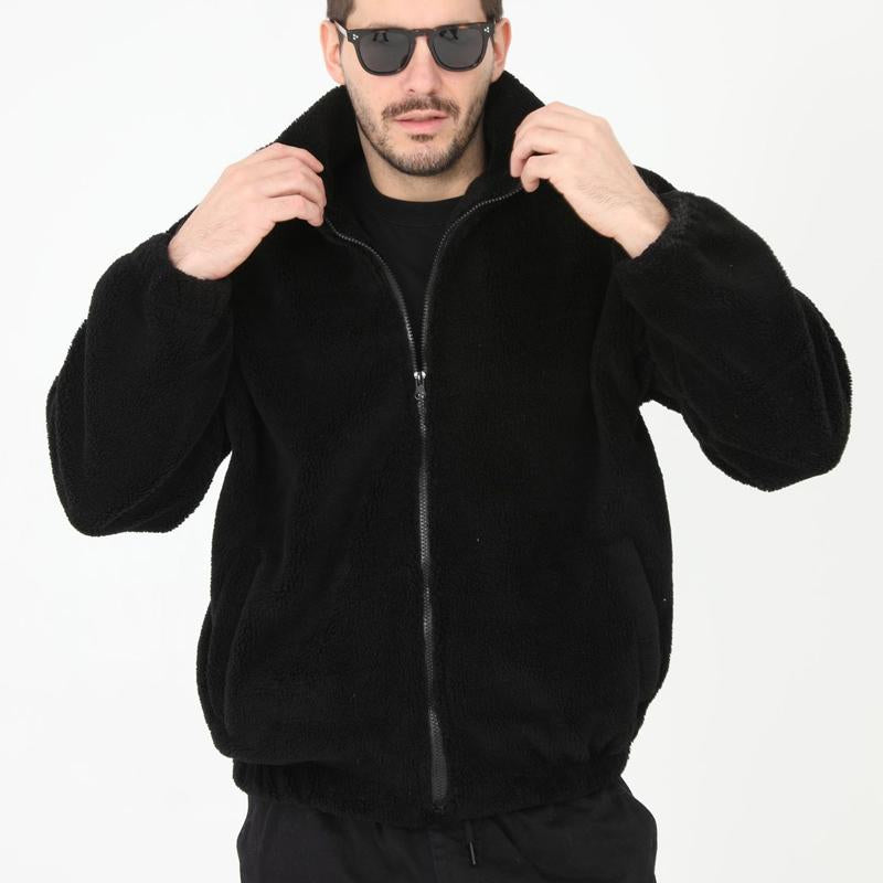 Giacca da uomo in pelle di agnello con colletto in piedi con cerniera in tinta unita 64868037U