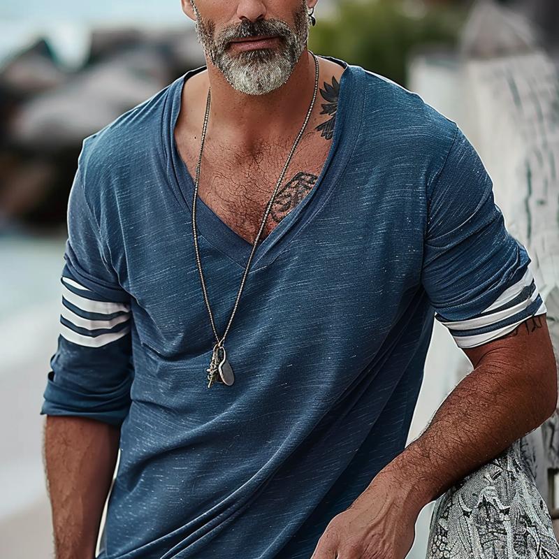 【Expédition 24h/24】T-shirt ample à manches longues et col en V pour homme 66090274Y