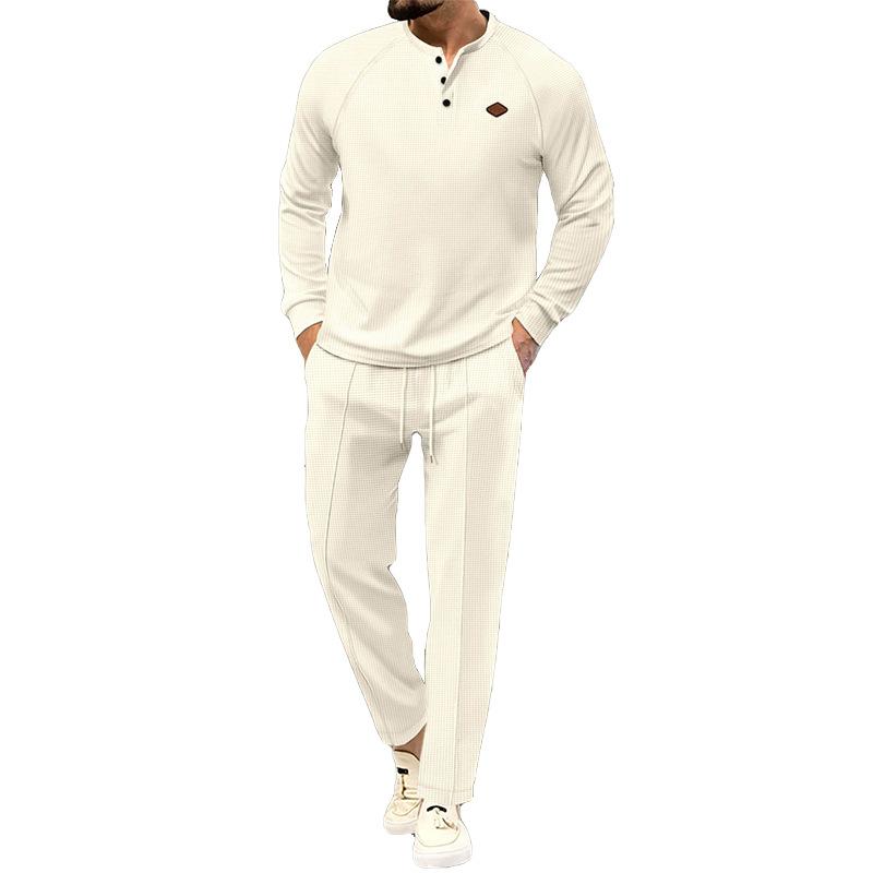Pantaloni a maniche lunghe Henley a nido d'ape tinta unita da uomo 12318633Y
