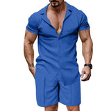 Men's Casual Solid Color Lapel Short-Sleeved Shirt Shorts Set 12241854Y